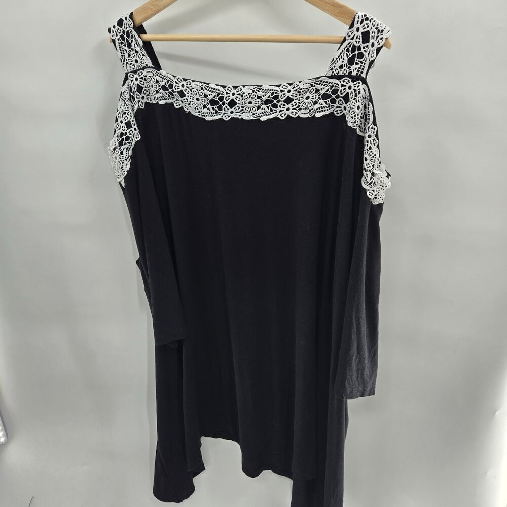 Roaman's Black White Lace Handkerchief Open Shoulder Short Sleeve Tunic Top 3x